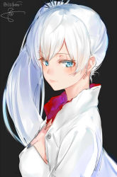 Rule 34 | 1girl, artist name, blue eyes, breasts, cleavage, closed mouth, earrings, from side, grey background, highres, isshiki (ffmania7), jacket, jewelry, light smile, lips, long hair, looking at viewer, necklace, rwby, scar, side ponytail, simple background, small breasts, solo, upper body, weiss schnee, white hair