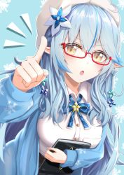 Rule 34 | 1girl, absurdres, bespectacled, blue background, blue hair, blue nails, book, borumete, breasts, flower, glasses, hair flower, hair ornament, half updo, hat, highres, hololive, jacket, long hair, looking at viewer, nail polish, open mouth, pointy ears, simple background, solo, virtual youtuber, yellow eyes, yukihana lamy
