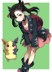 Rule 34 | 1girl, absurdres, aqua eyes, bag, bent over, black hair, black nails, blush, breasts, choker, cleavage, creatures (company), dress, full body, game freak, gen 8 pokemon, hair ribbon, hands on own knees, highres, jacket, leather, leather jacket, long sleeves, looking at viewer, marnie (pokemon), morpeko, morpeko (full), nail polish, nintendo, open clothes, open jacket, pink dress, pokemon, pokemon (creature), pokemon swsh, pukara, ribbon, short twintails, twintails