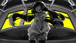 Rule 34 | 1girl, backlighting, blunt bangs, closed mouth, commentary request, cowboy shot, expressionless, fisheye, floating hair, from below, greyscale with colored background, hand grip, highres, lag train (vocaloid), light frown, long hair, long sleeves, looking at viewer, looking down, low twintails, monochrome, no pants, osage (nukunuku nigirimeshi), puffy long sleeves, puffy sleeves, solo, standing, thighhighs, tomizu, train interior, twintails, very long hair, vocaloid, window, yellow background