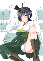 Rule 34 | 1girl, absurdres, accidental exposure, ahoge, black hair, boots, character name, commentary request, cross-laced footwear, ferdinand (akizuki), floor, green eyes, green hakama, hakama, hakama skirt, hat, highres, japanese clothes, kantai collection, kimono, knee boots, lace-up boots, looking at viewer, matsukaze (kancolle), meiji schoolgirl uniform, mini hat, mini top hat, one eye closed, panties, pantyshot, short hair, sitting, skirt, solo, swept bangs, top hat, translation request, twitter username, underwear, wavy hair, white kimono, white panties