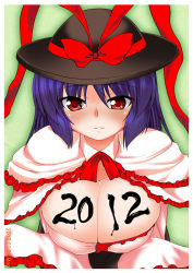 Rule 34 | 10s, 1girl, 2012, blue hair, blush, bow, breasts, capelet, cleavage, female focus, gonzaburo, hat, hat bow, huge breasts, nagae iku, red eyes, short hair, solo, touhou