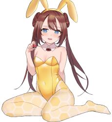 Rule 34 | 1girl, alternate costume, animal ears, blue eyes, blush, breasts, brown hair, cleavage, commentary, commission, covered navel, creatures (company), detached collar, egyptiangreen, fake animal ears, full body, game freak, hairband, hand up, highres, holding, holding poke ball, leotard, long hair, looking at viewer, nintendo, open mouth, pantyhose, playboy bunny, poke ball, poke ball (basic), pokemon, pokemon bw2, rabbit ears, rosa (pokemon), sitting, small breasts, smile, transparent background, twintails, yellow hairband, yellow leotard, yellow pantyhose