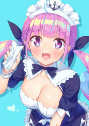Rule 34 | 1girl, :d, ahoge, anchor ornament, black dress, black ribbon, blue background, blue hair, blue nails, blunt bangs, blush, braid, breasts, cleavage, dress, hair ribbon, heart, highres, holding, hololive, kazuma (kazumav), looking at viewer, low twintails, maid headdress, medium breasts, minato aqua, minato aqua (1st costume), multicolored hair, nail polish, neck ribbon, open mouth, pink hair, purple eyes, ribbon, short sleeves, simple background, smile, solo, twintails, two-tone hair, virtual youtuber, wrist cuffs