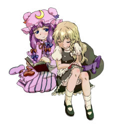 Rule 34 | 2girls, blonde hair, blue bow, blush, book, bow, braid, closed eyes, colored eyelashes, dress, full-face blush, full body, hair ribbon, hat, kirisame marisa, leaning on person, long hair, mary janes, mob cap, multiple girls, open book, patchouli knowledge, puffy short sleeves, puffy sleeves, purple hair, red bow, red ribbon, ribbon, shoes, short sleeves, side braid, smile, socks, striped clothes, striped dress, touhou, tress ribbon, unworn hat, unworn headwear, vanilla (nekomist), vertical-striped clothes, vertical-striped dress, white background, white legwear