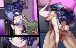 Rule 34 | 1boy, 1girl, 69, :&gt;=, animal ears, banknote, bikini, bikini top only, blue eyes, blue hair, blush, breasts, cigarette, cleavage, cunnilingus, fellatio, fingerless gloves, gloves, hair ornament, hair over one eye, hairclip, hetero, holding, holding money, indie virtual youtuber, licking lips, medium breasts, money, navel, nude, oral, penis, prostitution, punk, raccoon ears, raccoon girl, raccoon tail, shiny skin, short hair, smoking, snuffy (vtuber), standing, steve chopz, swimsuit, tail, tattoo, testicles, tongue, tongue out, uncensored, upright 69, virtual youtuber