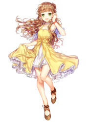 Rule 34 | 1girl, arm strap, bad id, bad pixiv id, blunt bangs, breasts, brown hair, choker, cleavage, collarbone, dress, floating hair, frilled dress, frills, full body, green eyes, hand in own hair, long hair, looking at viewer, original, simple background, skirt hold, sleeveless, sleeveless dress, small breasts, solo, standing, standing on one leg, very long hair, watch, white background, wristwatch, yellow dress, yuli (yulipo)