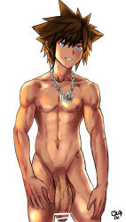 Rule 34 | 1boy, bad id, bad pixiv id, bar censor, blue eyes, brown hair, censored, flaccid, foreskin, groin, jewelry, kingdom hearts, large penis, lostanemone, male focus, muscular, navel, necklace, nipples, nude, pectorals, penis, smile, solo, sora (kingdom hearts), spiked hair, stomach, toned, toned male, veins, veiny penis