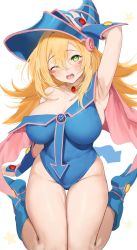 Rule 34 | 1girl, armpits, blonde hair, blue footwear, blue hat, blush, blush stickers, boots, breasts, choker, dark magician girl, duel monster, green eyes, hand on headwear, hat, highres, large breasts, long hair, looking at viewer, nekoshoko, one eye closed, open mouth, sitting, solo, star (symbol), thighs, wariza, white background, wizard hat, yellow choker, yu-gi-oh!, yu-gi-oh! duel monsters