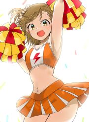 Rule 34 | 1girl, 2024, 20s, alternate hairstyle, armpits, bare shoulders, breasts, brown eyes, brown hair, cheering, cheerleader, collarbone, female focus, frogboxed, hair ornament, hairclip, highres, matching hair/eyes, midriff, miniskirt, misaka mikoto, navel, open mouth, short hair, skirt, small breasts, smile, solo, standing, stomach, thighs, toaru kagaku no railgun, toaru majutsu no index, white background