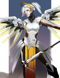 Rule 34 | 1girl, blue eyes, breasts, cowboy shot, halo, high ponytail, jeny wang, large breasts, lips, long hair, looking to the side, mechanical halo, mechanical wings, mercy (overwatch), nose, overwatch, overwatch 1, pantyhose, parted lips, ponytail, silver hair, solo, staff, swiss flag, wings, yellow wings
