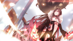 Rule 34 | 1girl, absurdres, black dress, black hair, blurry, blurry background, bow, breasts, choker, closed mouth, collarbone, cowboy shot, dress, dress bow, fate/grand order, fate (series), fire, flaming hand, fur trim, grey eyes, hair between eyes, highres, long hair, long sleeves, looking to the side, medium breasts, messy hair, navel, revealing clothes, sidelocks, solo, standing, thighs, very long hair, yu mei-ren (fate), yuan long
