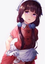 Rule 34 | 1girl, apron, blend s, bow, bow panties, brown hair, buttons, clothes lift, flat chest, frilled apron, frills, gloves, hair ornament, hair over shoulder, head scarf, head tilt, highres, leaning forward, lifted by self, lips, long hair, looking at viewer, open mouth, panties, puffy short sleeves, puffy sleeves, purple eyes, rouka (akatyann), sakuranomiya maika, short sleeves, simple background, skirt, skirt lift, solo, stile uniform, twintails, underwear, waitress, white apron, white background, white gloves, white panties