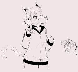 Rule 34 | 1girl, animal ear fluff, animal ears, banknote, blush, cat ears, cat tail, choker, closed mouth, embarrassed, greyscale, highres, holding, holding money, hood, hood down, hoodie, implied prostitution, medium hair, money, monochrome, nyantcha, original, tail, wide-eyed