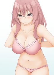 Rule 34 | 1girl, arms behind back, bare arms, bare shoulders, blush, bow, bow bra, bow panties, bra, breasts, brown eyes, cleavage, closed mouth, collarbone, commentary request, hair between eyes, hinata masaki, inui shinju, large breasts, long hair, navel, panties, pink bra, pink hair, pink panties, ribbon-trimmed bra, ribbon-trimmed panties, simple background, solo, sono bisque doll wa koi wo suru, underwear, underwear only, white background