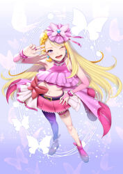 Rule 34 | 1girl, ;o, belt bow, blonde hair, bow skirt, braid, braided bangs, brooch, bug, butterfly, butterfly brooch, butterfly earrings, butterfly hat, butterfly hat ornament, cure butterfly, earrings, gradient background, hat ornament, hijiri ageha, hirogaru sky! precure, insect, jewelry, long hair, looking at viewer, looking up, magical girl, midriff, momoya show-neko, navel, one eye closed, open mouth, pantyhose, pink headwear, pink skirt, precure, purple background, purple eyes, purple pantyhose, single leg pantyhose, skirt, smile, solo, very long hair, wing brooch
