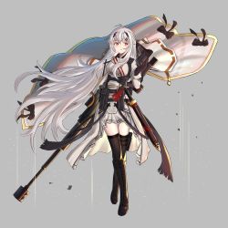 Rule 34 | 1girl, ammunition pouch, anti-materiel rifle, arm behind back, arm up, black footwear, black gloves, black thighhighs, bolt action, boots, breasts, bullpup, cloak, closed mouth, expressionless, full body, girls&#039; frontline, gloves, gun, hair ornament, hairclip, handgun, highres, holding, holding gun, holding weapon, holstered, iws 2000 (girls&#039; frontline), long hair, medium breasts, mod3 (girls&#039; frontline), muzzle device, needlegun, orange eyes, pistol, pouch, prototype design, rifle, silver hair, simple background, skirt, sniper rifle, solo, standing, steyr arms, steyr iws 2000, steyr mannlicher, sword, thighhighs, uniform, unitaka, weapon, white cloak, white skirt, white uniform