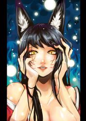 Rule 34 | 1girl, ahri (league of legends), animal ears, bare shoulders, beancurd, black hair, breasts, cleavage, fox ears, highres, korean clothes, league of legends, long hair, pillarboxed, slit pupils, solo, yandere trance, yellow eyes