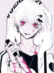 Rule 34 | 1boy, clothes writing, collarbone, earrings, hair between eyes, hair ornament, hairclip, holding, holding knife, hood, hood up, jacket, jewelry, knife, looking at viewer, male focus, myuhuaki, original, parted lips, pink eyes, short hair, simple background, sketch, solo, upper body, white background, white hair, white jacket