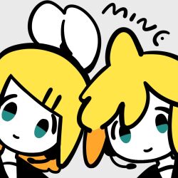 Rule 34 | 1boy, 1girl, blonde hair, blue eyes, bow, brother and sister, cowlick, flat color, hair bow, hair ornament, hairclip, head tilt, headset, inemuri (jdq5e), kagamine len, kagamine rin, limited palette, looking at viewer, medium hair, portrait, sailor collar, siblings, side-by-side, simple background, swept bangs, thick outlines, vocaloid, white background