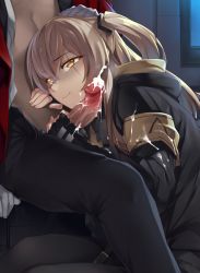Rule 34 | 1boy, 1girl, armband, black gloves, black pants, black pantyhose, blush, breasts, brown hair, censored, closed mouth, cum, cum on body, cum on upper body, ejaculation, fingerless gloves, girls&#039; frontline, gloved handjob, gloves, griffin &amp; kryuger military uniform, hair between eyes, hair ornament, half-closed eyes, hand on another&#039;s head, handjob, head rest, head tilt, hetero, hood, hood down, hooded jacket, indoors, jacket, long hair, looking at viewer, mosaic censoring, night, one side up, open clothes, open jacket, open shirt, pants, pantyhose, penis, pointless censoring, scar, scar across eye, scar on face, shaded face, shirt, sitting, smile, solo focus, tsuki tokage, ump45 (girls&#039; frontline), white gloves, white shirt, window, yellow eyes