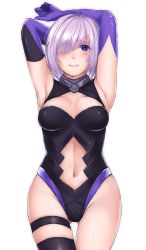 Rule 34 | 1girl, antenna hair, aoki eichi, arm behind head, armpits, arms behind head, arms up, asymmetrical legwear, bare shoulders, black leotard, black thighhighs, blush, breasts, cleavage, cleavage cutout, closed mouth, clothing cutout, commentary, elbow gloves, fate/grand order, fate (series), female focus, gloves, gluteal fold, hair over one eye, highres, legband, leotard, light purple hair, lips, looking at viewer, mash kyrielight, medium breasts, multicolored clothes, multicolored gloves, navel, navel cutout, pink hair, purple eyes, purple gloves, shiny skin, short hair, simple background, single thighhigh, skindentation, sleeveless, sleeveless leotard, smile, solo, standing, stomach, thigh gap, thigh strap, thighhighs, two-tone gloves, type-moon, uneven legwear, white background