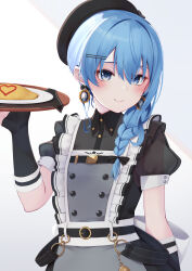 Rule 34 | + +, 1girl, absurdres, blue eyes, blue hair, blush, braid, closed mouth, dress, earrings, hair between eyes, hair ornament, hairclip, hat, heart, highres, holding, holding tray, hololive, hoshimachi suisei, hoshimachi suisei (maid), jewelry, long hair, looking at viewer, nyan (reinyan 007), plate, puffy short sleeves, puffy sleeves, see-through, see-through sleeves, short sleeves, single braid, smile, solo, tray, upper body, virtual youtuber