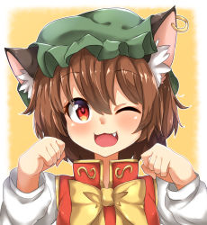 Rule 34 | 1girl, ;3, ;d, animal ears, blush, bow, bowtie, brown hair, cat ears, chen, earrings, frills, green hat, hair between eyes, hands up, hat, jewelry, long sleeves, mob cap, neko pachi, one eye closed, open mouth, outline, paw pose, red eyes, simple background, smile, solo, tareme, touhou, upper body, white outline, yellow background, yellow bow, yellow bowtie