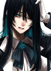 Rule 34 | 1girl, ado (utaite), black hair, black jacket, blue eyes, bow, bowtie, chando (ado), colored inner hair, gloves, hand on own head, hand up, head, highres, hoshi san 3, jacket, long hair, looking at viewer, multicolored hair, niconico, one eye closed, parted lips, shirt, simple background, solo, upper body, utaite, white background, white gloves, white shirt