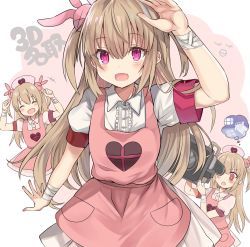 Rule 34 | 1girl, apron, arm up, arms up, bandages, bed, blush, camera, closed eyes, commentary, fang, hair ornament, hat, heart, highres, holding, holding camera, light brown hair, long hair, multiple views, natori sana, nurse cap, open mouth, pink apron, pink headwear, pocket, puffy short sleeves, puffy sleeves, rabbit hair ornament, red eyes, retsuto, sana channel, short sleeves, skin fang, thought bubble, two side up, video camera, virtual youtuber