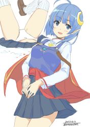 Rule 34 | 1girl, absurdres, ahoge, blue eyes, blue hair, blue skirt, breasts, cape, crescent, crescent hair ornament, dated, hair between eyes, hair ornament, highres, jewelry, long sleeves, looking at viewer, medium breasts, necklace, open mouth, panties, pointy ears, red cape, rena lanford, shirt, short hair, simple background, skirt, smile, solo, standing, star ocean, star ocean the second story, unasaka ryou, underwear, white background, white panties, white shirt