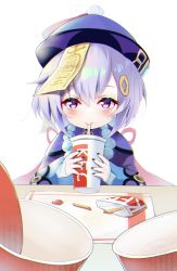 Rule 34 | 1girl, absurdres, blush, coin hair ornament, cup, dress, drink, drinking straw, dymao, food, french fries, genshin impact, hair between eyes, hair ornament, hat, highres, holding, holding cup, holding drink, ketchup, looking at viewer, purple dress, purple eyes, purple hair, qingdai guanmao, qiqi (genshin impact), simple background, solo, upper body, white background
