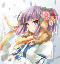 Rule 34 | 1girl, blunt bangs, bow, breasts, brown eyes, cleavage, closed mouth, commentary request, dress, expressionless, fur collar, hair bow, looking at viewer, medium breasts, medium hair, momozakura nanao, official alternate costume, purple hair, ragnarok online, red bow, solo, sorcerer (ragnarok online), upper body, white dress, wide sleeves, yellow bow