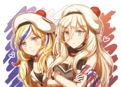 Rule 34 | 10s, 2girls, anchor hair ornament, armband, beret, blonde hair, blue eyes, blush, breasts, cleavage, commandant teste (kancolle), crossed arms, dress, frown, gloves, hair between eyes, hair ornament, hair over shoulder, hat, heart, jacket, kantai collection, leaning forward, long hair, looking at viewer, medium breasts, mk, mole, mole under eye, mole under mouth, multicolored background, multicolored hair, multiple girls, platinum blonde hair, pom pom (clothes), richelieu (kancolle), scarf, smile, standing, streaked hair, swept bangs, upper body