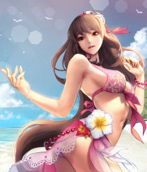 Rule 34 | 1girl, ass, beach, bikini, bird, bracelet, breasts, brown eyes, brown hair, card (medium), chaos online, cloud, cowboy shot, day, fingernails, flower, hibiscus, jewelry, large breasts, lens flare, long fingernails, long hair, looking at viewer, looking back, love cacao, official art, outdoors, parted lips, pink bikini, sarong, see-through, silk (chaos online), sky, solo, swimsuit, tree, very long hair, water
