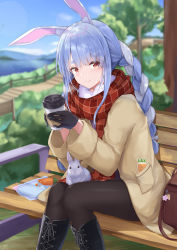 Rule 34 | 1girl, animal ear fluff, animal ears, bag, beige jacket, bench, black footwear, black gloves, black pantyhose, blue sky, blush, boots, braid, bush, carrot, carrot print, charm (object), cloud, coffee cup, cross-laced footwear, cup, day, disposable cup, food print, fur collar, gloves, half gloves, handbag, highres, holding, holding cup, hololive, knee boots, lake, long sleeves, looking at viewer, mountain, mountainous horizon, multicolored hair, orange eyes, outdoors, pantyhose, plaid, plaid scarf, rabbit, rabbit ears, rabbit girl, railing, red scarf, scarf, shiunnkaku, sidelocks, sitting, sky, smile, solo, stairs, thick eyebrows, tree, twin braids, twintails, two-tone hair, usada pekora, virtual youtuber
