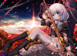 Rule 34 | 1girl, black dress, black footwear, blue eyes, blue sky, boots, chain, cloud, cloudy sky, dress, full body, holding, holding polearm, holding weapon, honkai (series), honkai impact 3rd, knee boots, long hair, long sleeves, looking at viewer, nun, outdoors, petals, polearm, ratise, side ponytail, sitting, sky, solo, spear, sunset, theresa apocalypse, theresa apocalypse (valkyrie pledge), thighhighs, torn clothes, torn dress, weapon, white hair