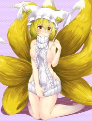 Rule 34 | 1girl, animal hat, backless dress, backless outfit, bare arms, bare legs, barefoot, blonde hair, blush, bottomless, breasts, clothes tug, dress, fox tail, halterneck, hat, highres, hitotsuki nebura, kneeling, large breasts, looking at viewer, meme attire, mob cap, multiple tails, naked sweater, no panties, mob cap, revealing clothes, ribbed sweater, short hair, sideboob, sleeveless, solo, sweater, sweater dress, sweater tug, tail, touhou, turtleneck, turtleneck sweater, virgin killer sweater, yakumo ran, yellow eyes