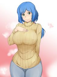Rule 34 | 10s, 1girl, bad id, bad pixiv id, blue hair, breasts, curvy, denim, covered erect nipples, green eyes, gundam, gundam build fighters, highres, huge breasts, iori rinko, jeans, large breasts, long hair, looking at viewer, maki ikazuya, md5 mismatch, mature female, pants, ponytail, ribbed sweater, scrunchie, smile, solo, sweater, wide hips