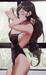 Rule 34 | 1girl, armpits, arms up, bare arms, bare shoulders, black hair, black leotard, breasts, cleavage, closed eyes, covered mouth, cowboy shot, final fantasy, final fantasy vii, from side, highleg, highleg leotard, highres, large breasts, leotard, lingerie, long hair, profile, salmon88, solo, spaghetti strap, teddy (lingerie), thighs, tifa lockhart, underwear, underwear only, very long hair