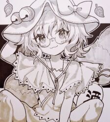 Rule 34 | 1girl, :3, bow, capelet, closed mouth, commentary, enokishima, futatsuiwa mamizou, glasses, gourd, greyscale, hat, hat bell, hat bow, highres, leaf, looking at viewer, monochrome, raccoon tail, semi-rimless eyewear, short hair, solo, symbol-only commentary, tail, touhou, under-rim eyewear