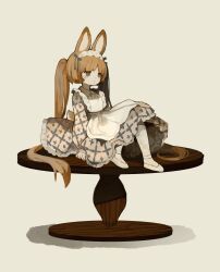 Rule 34 | 1girl, absurdres, animal ears, apron, brown hair, commentary request, dress, frilled dress, frilled hairband, frills, grey eyes, hairband, hand on table, highres, long hair, long sleeves, on table, original, patterned clothing, rabbit ears, rabbit girl, rabbit tail, ribbon, sakutake (ue3sayu), sitting, solo, table, tail, twintails, white footwear