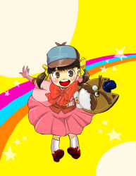 Rule 34 | 1girl, :d, absurdres, atlus, bag, blush, bow, bowtie, brown eyes, brown hair, child, doujima nanako, gloves, handbag, hat, highres, looking at viewer, midoriimo, monocle, open mouth, outstretched arm, persona, persona 4, pigeon-toed, red bow, red bowtie, round teeth, short twintails, simple background, smile, solo, star (symbol), teeth, twintails, yellow background