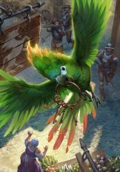 Rule 34 | aiming, aiming at viewer, animal, animal focus, bird, bird wings, corn cob, feathered wings, feathers, flying, gwent (game), highres, key, charm (object), non-web source, wings