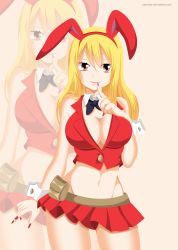 Rule 34 | 1girl, absurdres, bag, blonde hair, breasts, brown eyes, cleavage, fairy tail, female focus, highres, large breasts, lucy heartfilia, nail polish, navel, neck, neck ribbon, rabbit ears, red shirt, red skirt, ribbon, shirt, skirt, smirk, solo, wrist cuffs