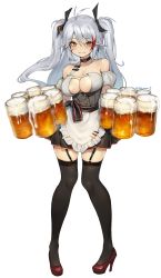 Rule 34 | 1girl, absurdres, apron, azur lane, beer mug, black thighhighs, blush, breasts, brown eyes, choker, cleavage, cup, earrings, full body, garter straps, hair between eyes, high heels, highres, jewelry, large breasts, long hair, mole, mole on breast, mug, multicolored hair, oktoberfest, pigeon-toed, prinz eugen (azur lane), romana, silver hair, simple background, single strap, skirt, solo, standing, streaked hair, thighhighs, two side up, underbust, waist apron, white background, zettai ryouiki