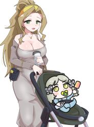 Rule 34 | 2girls, baby, baby bottle, bare shoulders, black ribbon, blush, bottle, breasts, cardigan, chibi, cleavage, collarbone, cup, disposable cup, dongtan dress, dot nose, dress, furrowed brow, green eyes, grey dress, grey hair, hairband, handa roco, high ponytail, highres, holding, holding toy, idolmaster, idolmaster million live!, idolmaster million live! theater days, jewelry, large breasts, long hair, looking at viewer, meme attire, mother and daughter, multiple girls, necklace, nikaidou chizuru, off shoulder, ohgi910, open mouth, pacifier, parted bangs, polka dot, ribbon, sidelocks, simple background, sitting, smile, standing, stroller, toy, very long hair, wavy hair, white background, yellow hairband