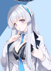 Rule 34 | 1girl, black bra, blue archive, blue background, blue necktie, bra, breasts, collared shirt, formal, gokubuto mayuge, grey hair, halo, hand to own mouth, headphones, large breasts, long hair, looking at viewer, mechanical halo, necktie, noa (blue archive), open clothes, open shirt, purple eyes, shirt, smile, solo, suit, underwear, white shirt, white suit