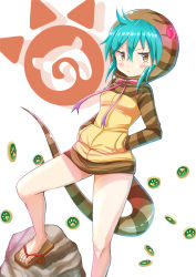 Rule 34 | 10s, 1girl, bad id, bad pixiv id, barefoot sandals (jewelry), blush, closed mouth, frown, green hair, hands in pockets, highres, hood, hood up, hoodie, kemono friends, looking at viewer, snake tail, solo, striped clothes, striped hoodie, striped tail, tail, tenzeru, tsuchinoko (kemono friends), yellow eyes