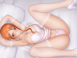 Rule 34 | 1girl, armpits, arms up, bare shoulders, bed, blush, breasts, bridal veil, brown eyes, cleavage, closed mouth, crying, dress, embarrassed, from above, garter straps, groin, jewelry, large breasts, legs, legs up, lying, nami (one piece), navel, necklace, on bed, one piece, orange hair, panties, pillow, ponte, solo, spread legs, strapless, tears, thighhighs, thighs, underwear, veil, wedding dress